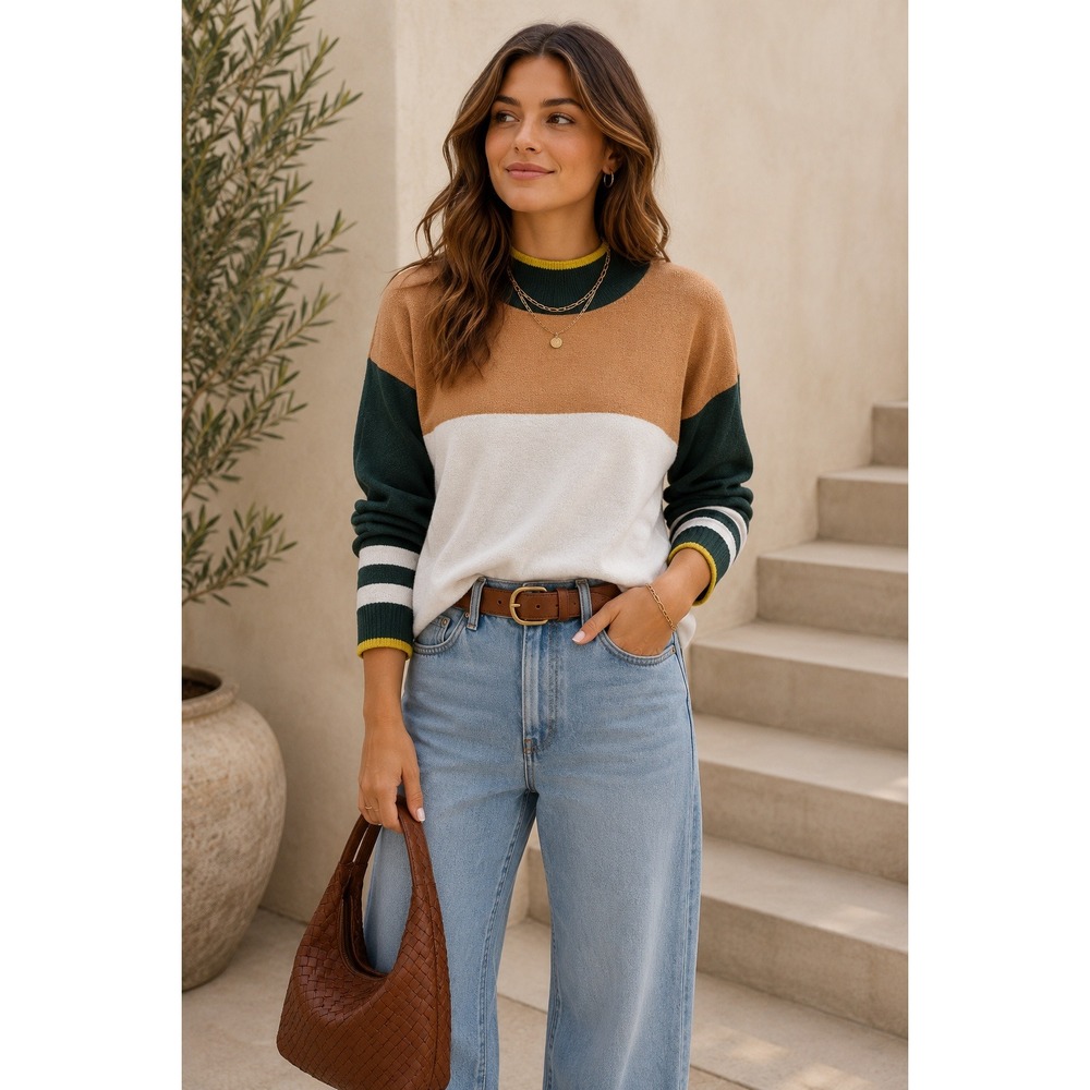 Maeve Anthropologie Women's Large Carys Colorblock Mock Neck Sweater Preppy